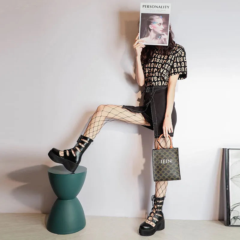 Punk Hollow Out Lace Up Platform Shoes