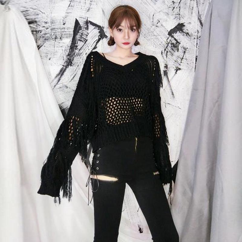 Hollow Out Tassel Knitted Pullover Top