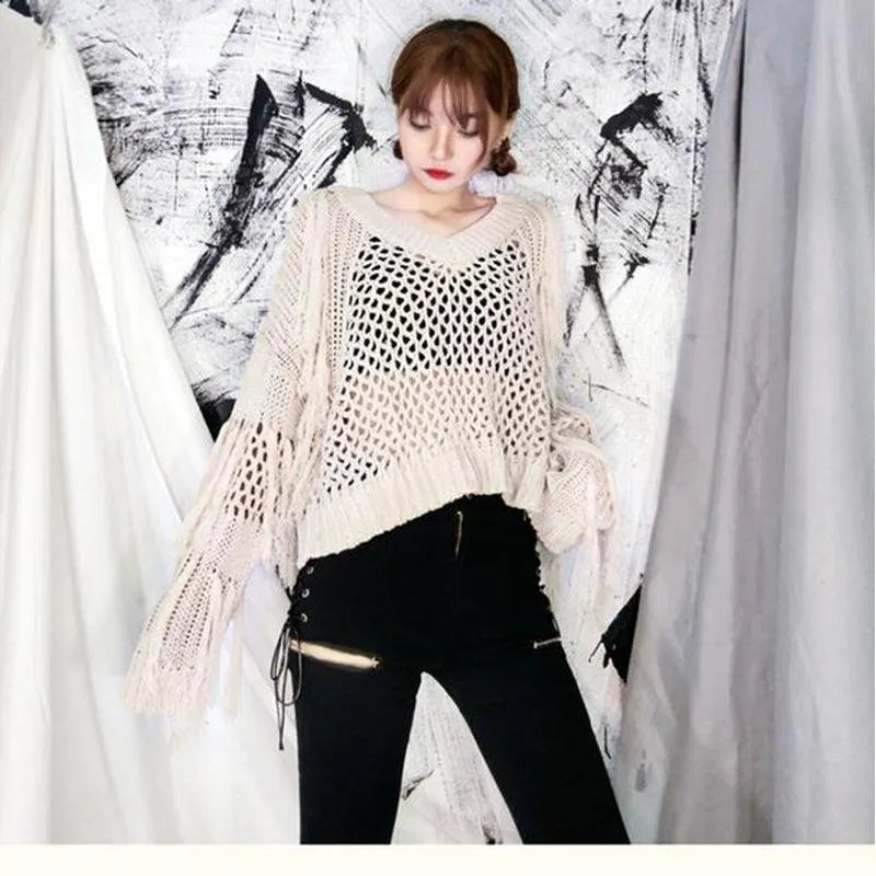 Hollow Out Tassel Knitted Pullover Top