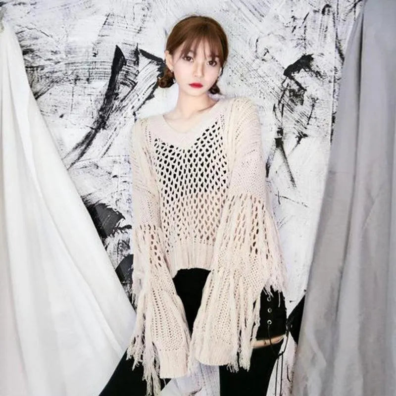 Hollow Out Tassel Knitted Pullover Top