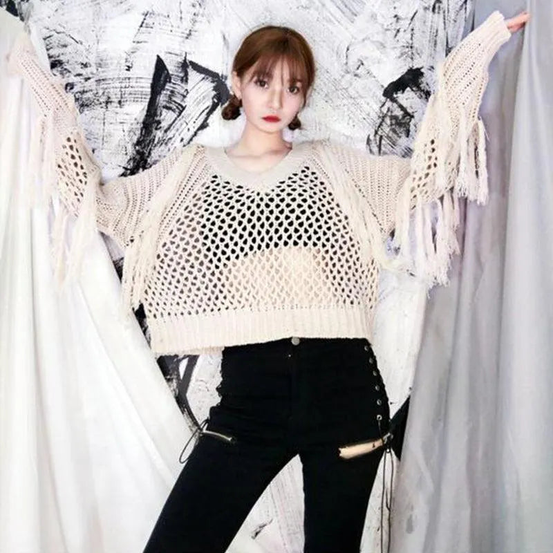 Hollow Out Tassel Knitted Pullover Top