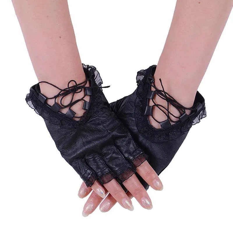 Lace Rim Fingers Pu Gloves
