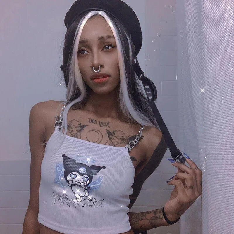 Devil Embroidery Chain Belly Top