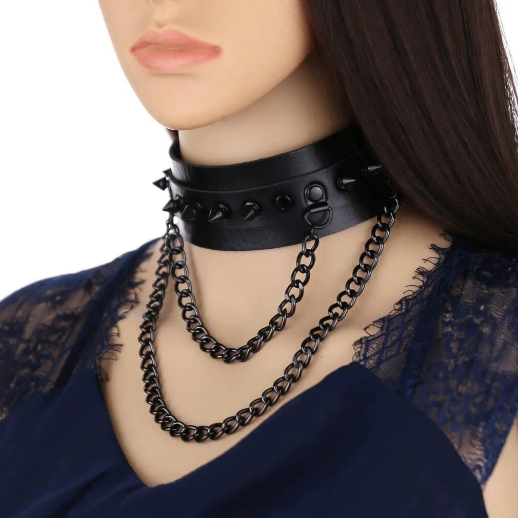 Gothic Double Chain Spikes Large Choker