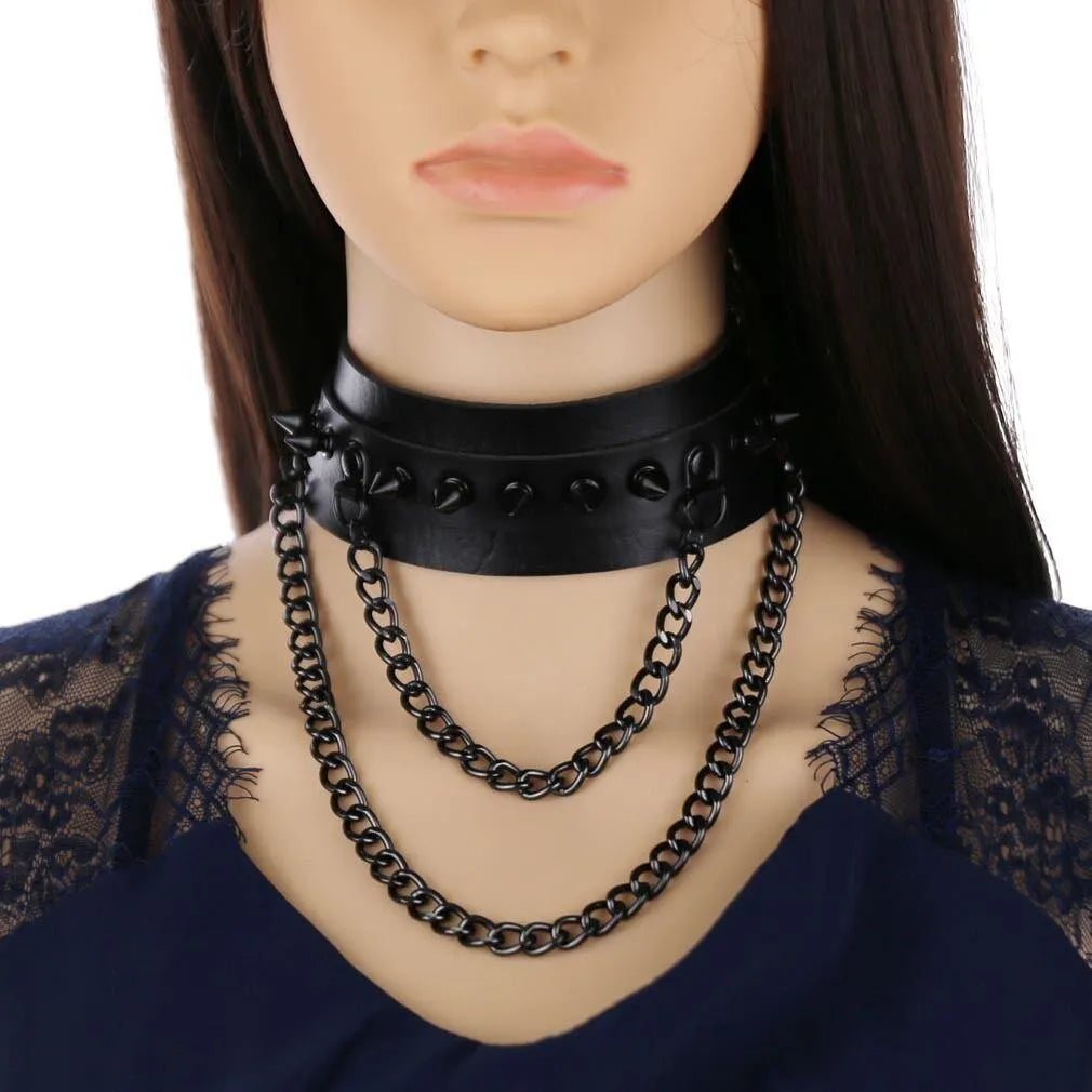 Gothic Double Chain Spikes Large Choker