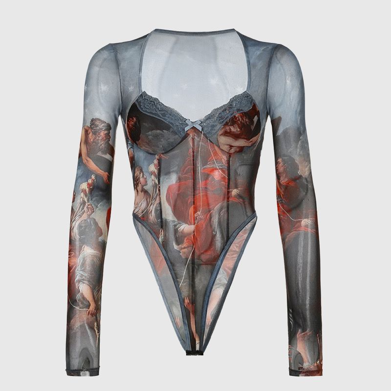 Vintage Print Sheer Mesh Bodysuit