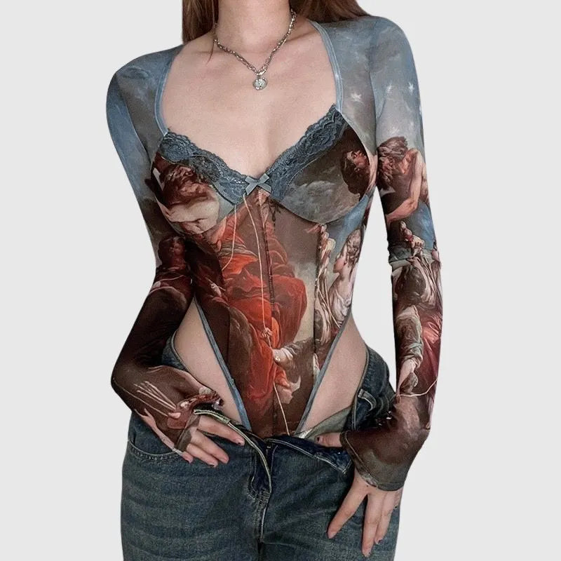 Vintage Print Sheer Mesh Bodysuit