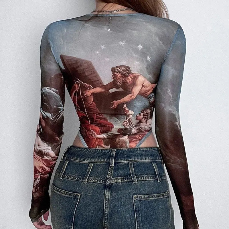 Vintage Print Sheer Mesh Bodysuit