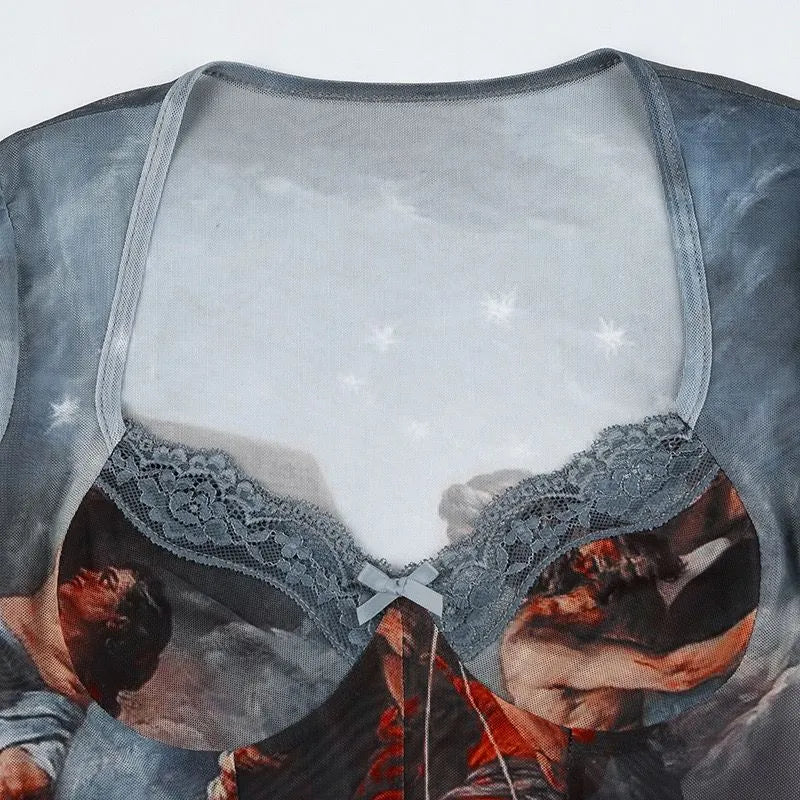 Vintage Print Sheer Mesh Bodysuit