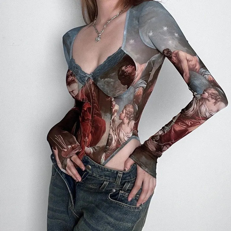 Vintage Print Sheer Mesh Bodysuit