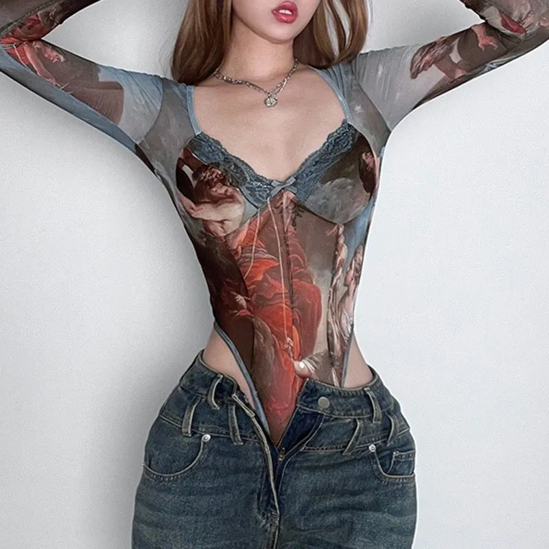 Vintage Print Sheer Mesh Bodysuit