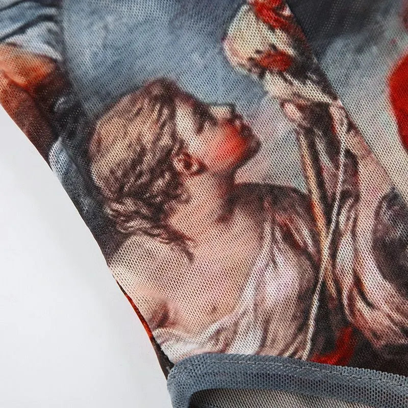 Vintage Print Sheer Mesh Bodysuit