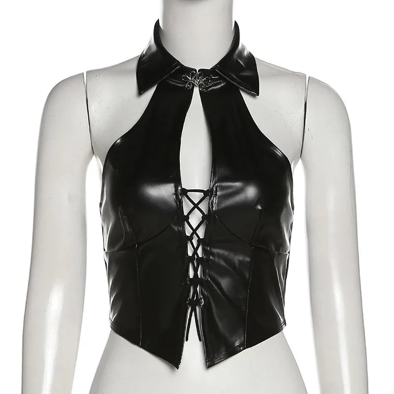 Just Like Magic PU Lace-Up Halter Top