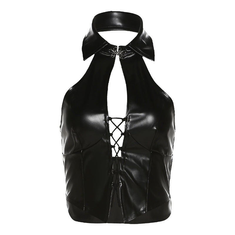 Just Like Magic PU Lace-Up Halter Top