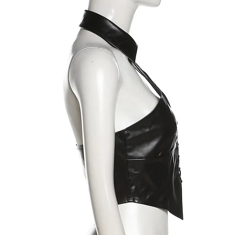 Just Like Magic PU Lace-Up Halter Top