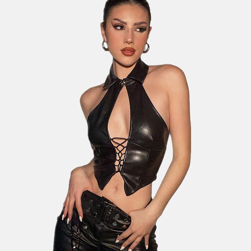 Just Like Magic PU Lace-Up Halter Top