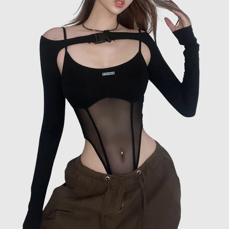 Classic Goth Patchwork Mesh Bodysuit