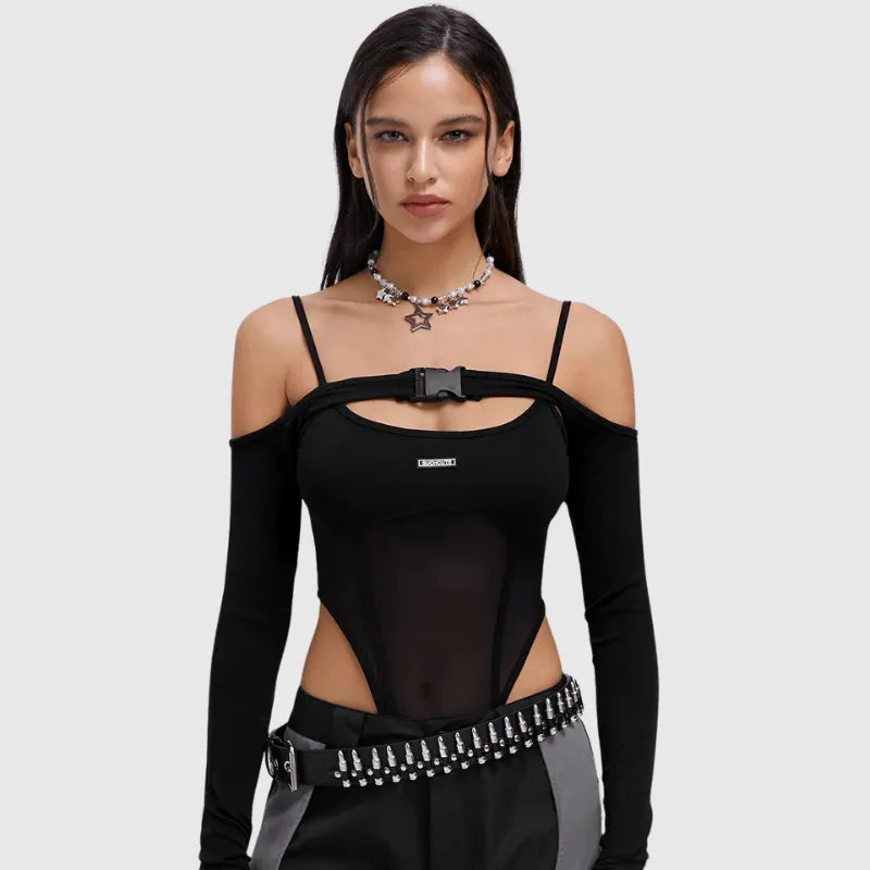 Classic Goth Patchwork Mesh Bodysuit