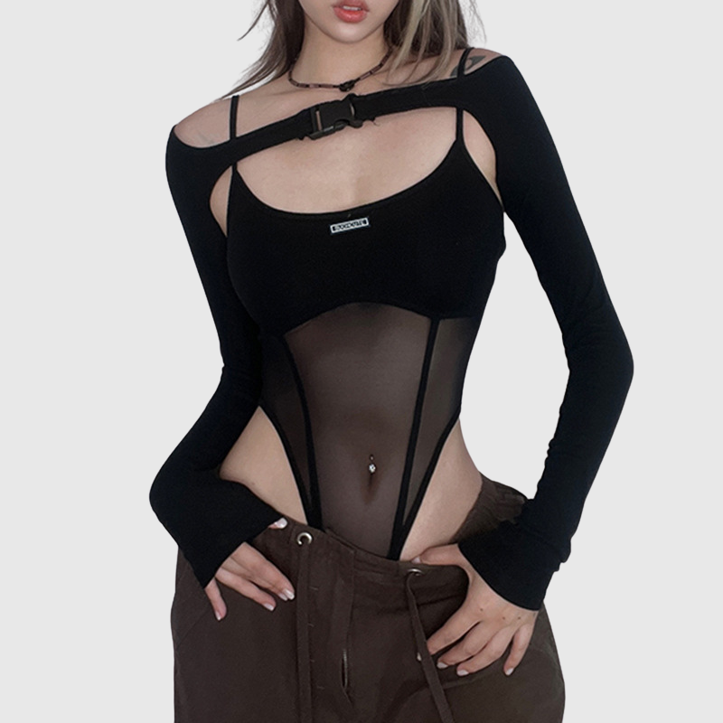 Classic Goth Patchwork Mesh Bodysuit