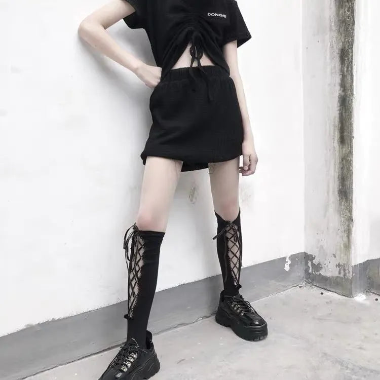 Dark Lolita Lace Up Knee High Socks