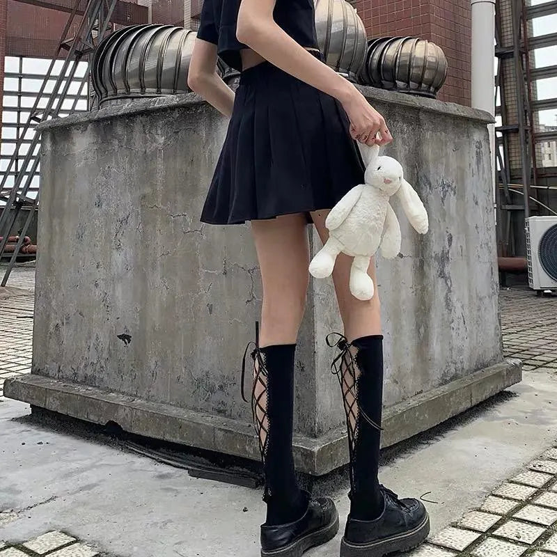 Dark Lolita Lace Up Knee High Socks