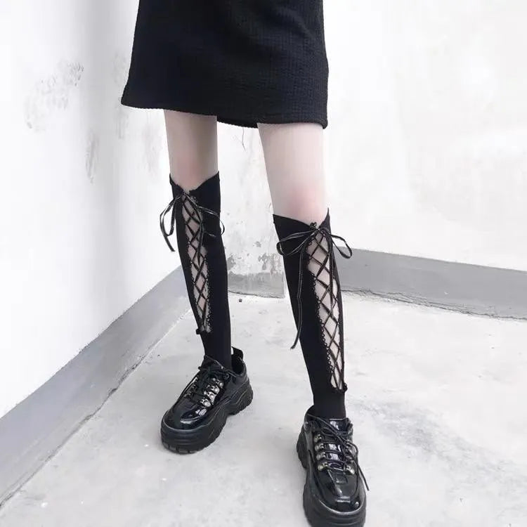 Dark Lolita Lace Up Knee High Socks