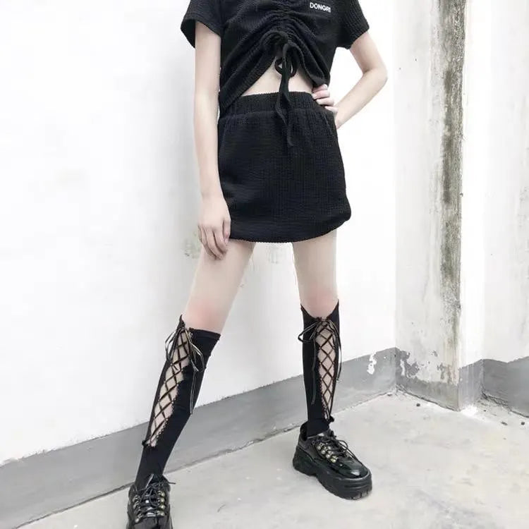 Dark Lolita Lace Up Knee High Socks