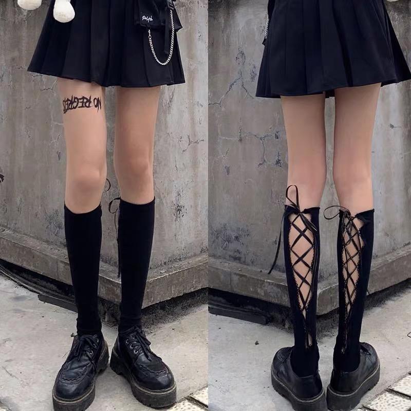 Dark Lolita Lace Up Knee High Socks