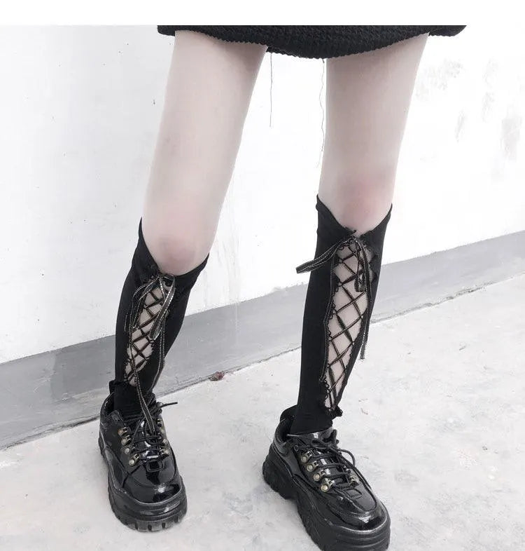 Dark Lolita Lace Up Knee High Socks
