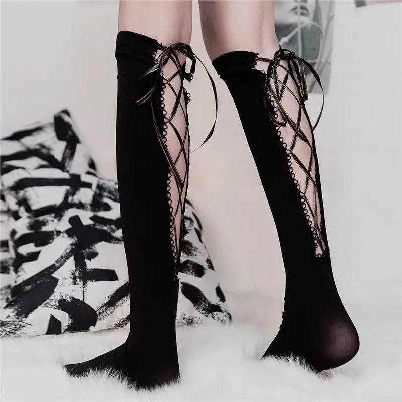 Dark Lolita Lace Up Knee High Socks