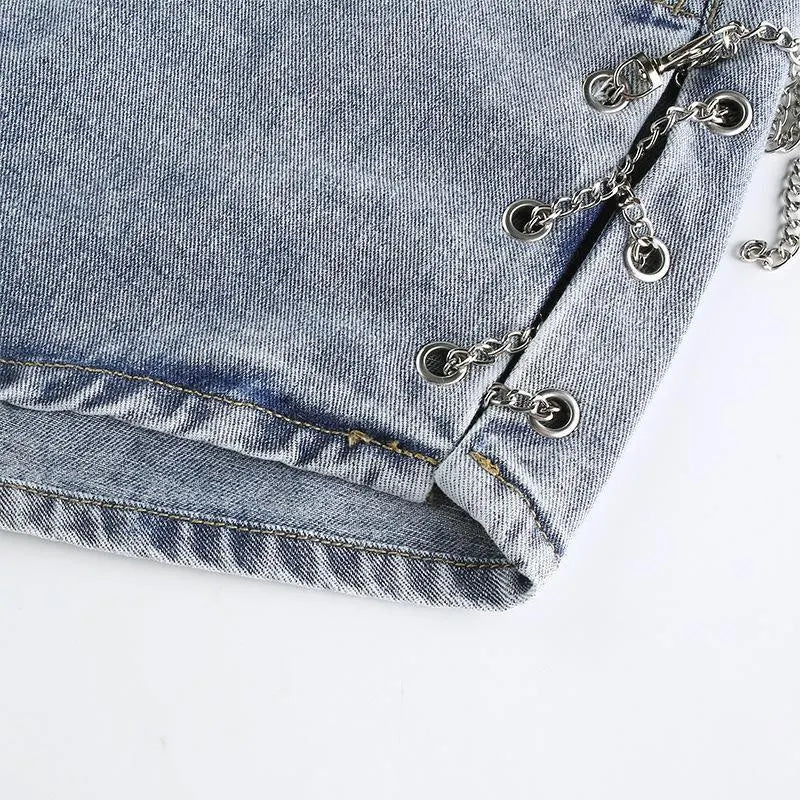 Split Chain Denim Shorts