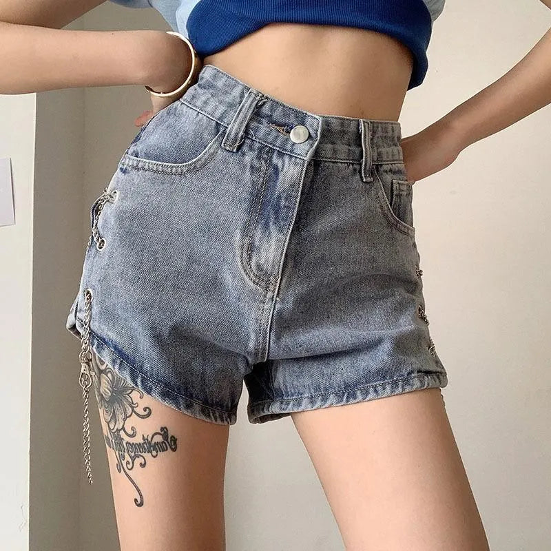 Split Chain Denim Shorts