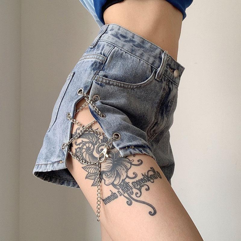 Split Chain Denim Shorts