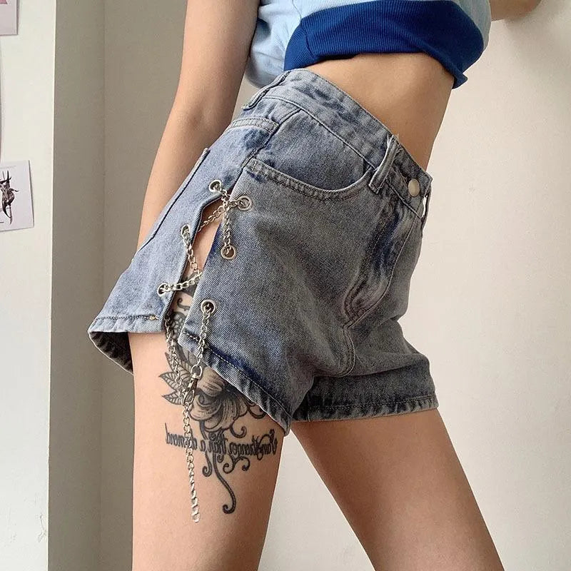 Split Chain Denim Shorts
