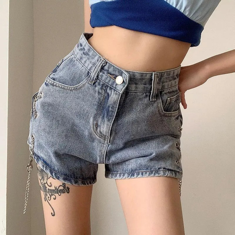 Split Chain Denim Shorts