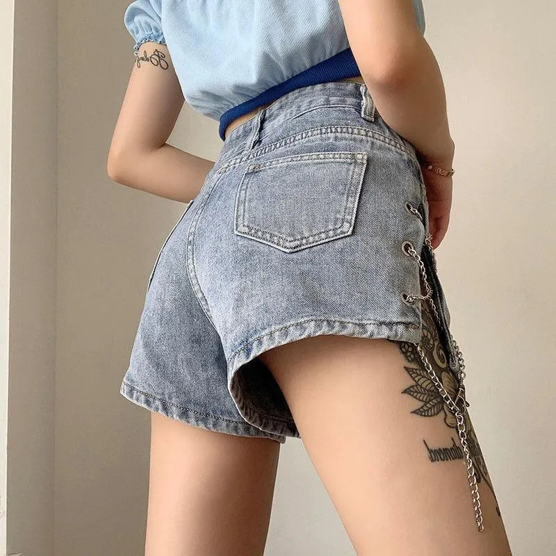 Split Chain Denim Shorts