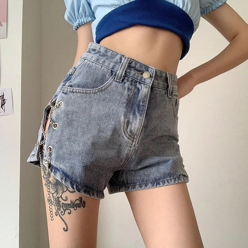 Split Chain Denim Shorts