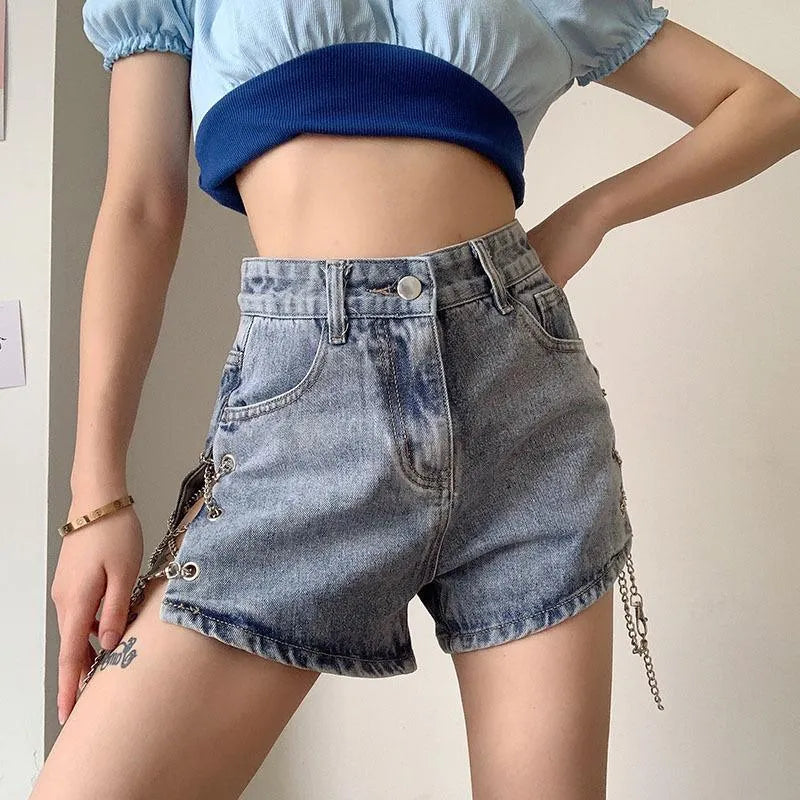 Split Chain Denim Shorts