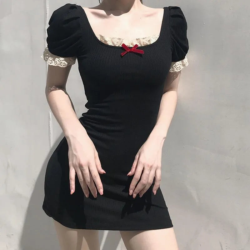 Puff Sleeves Dress With Lace Trim