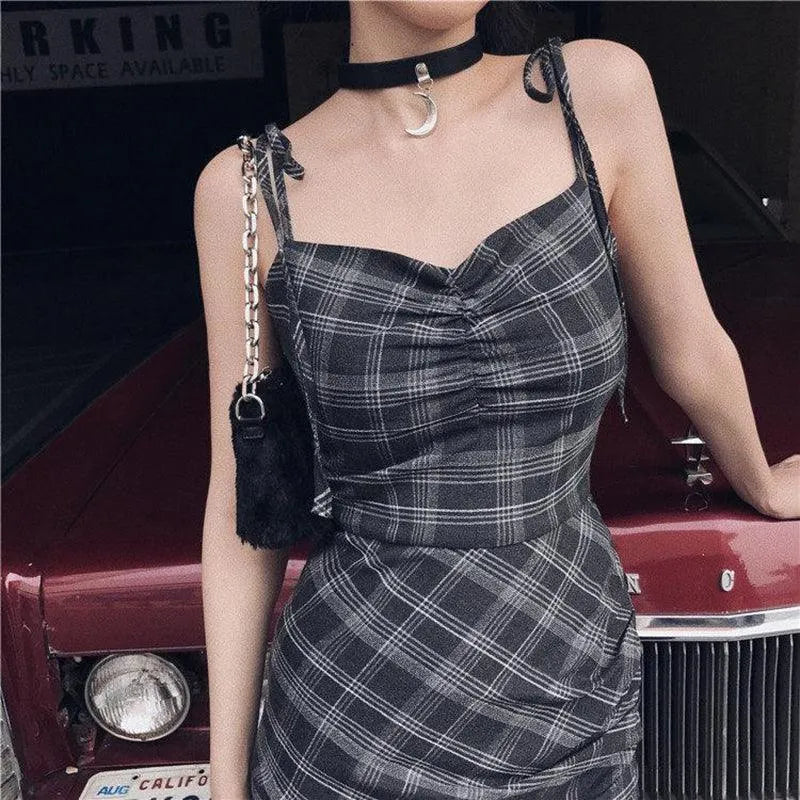 Plaid Wrinkle Slim Dress