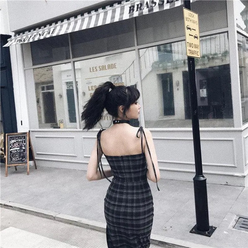 Plaid Wrinkle Slim Dress