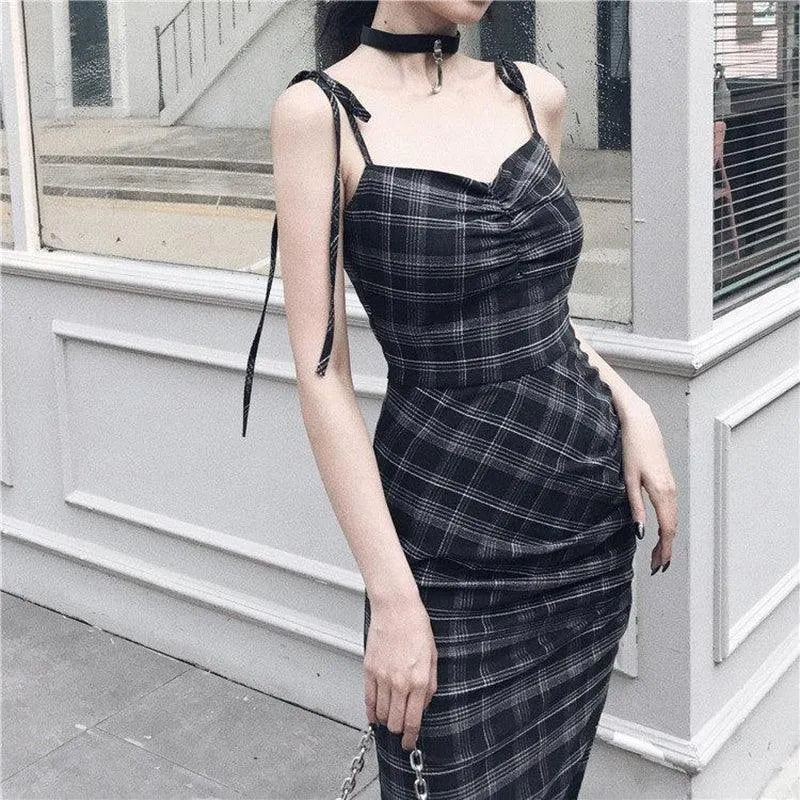 Plaid Wrinkle Slim Dress
