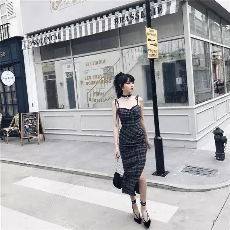 Plaid Wrinkle Slim Dress