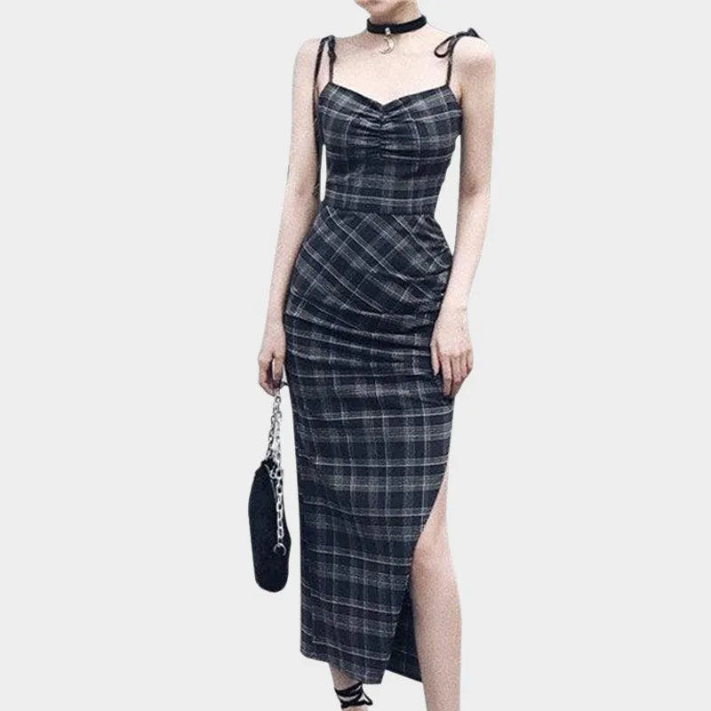 Plaid Wrinkle Slim Dress