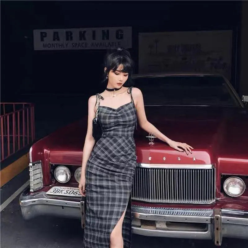 Plaid Wrinkle Slim Dress