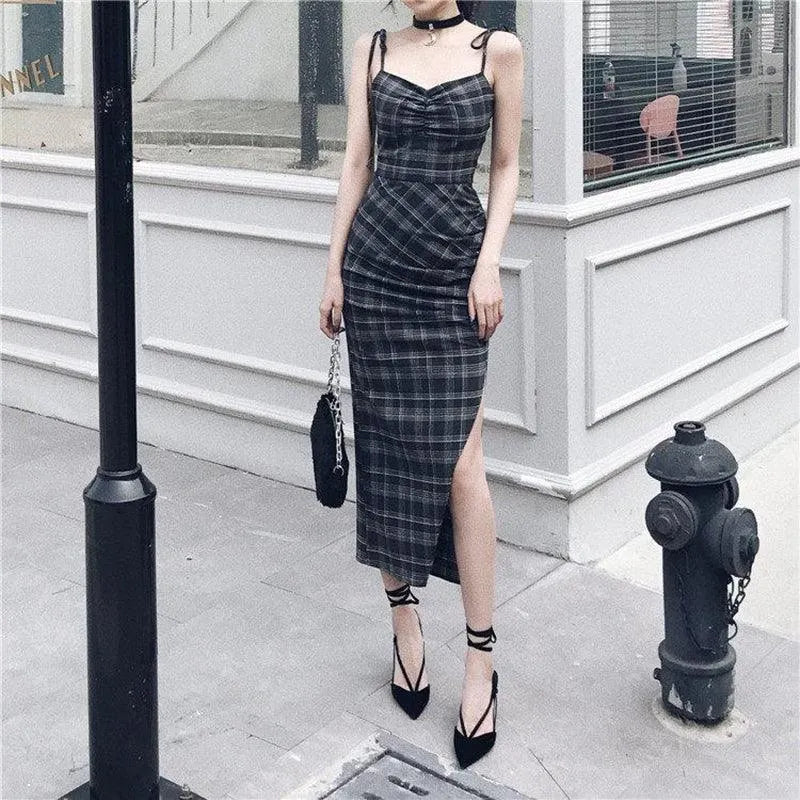 Plaid Wrinkle Slim Dress