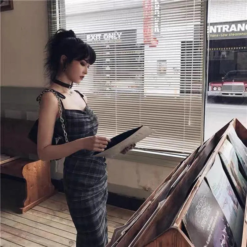 Plaid Wrinkle Slim Dress