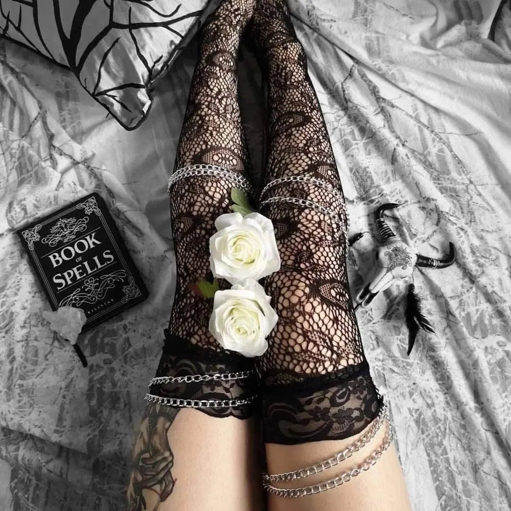 Black Sheer Floral Lace Stockings