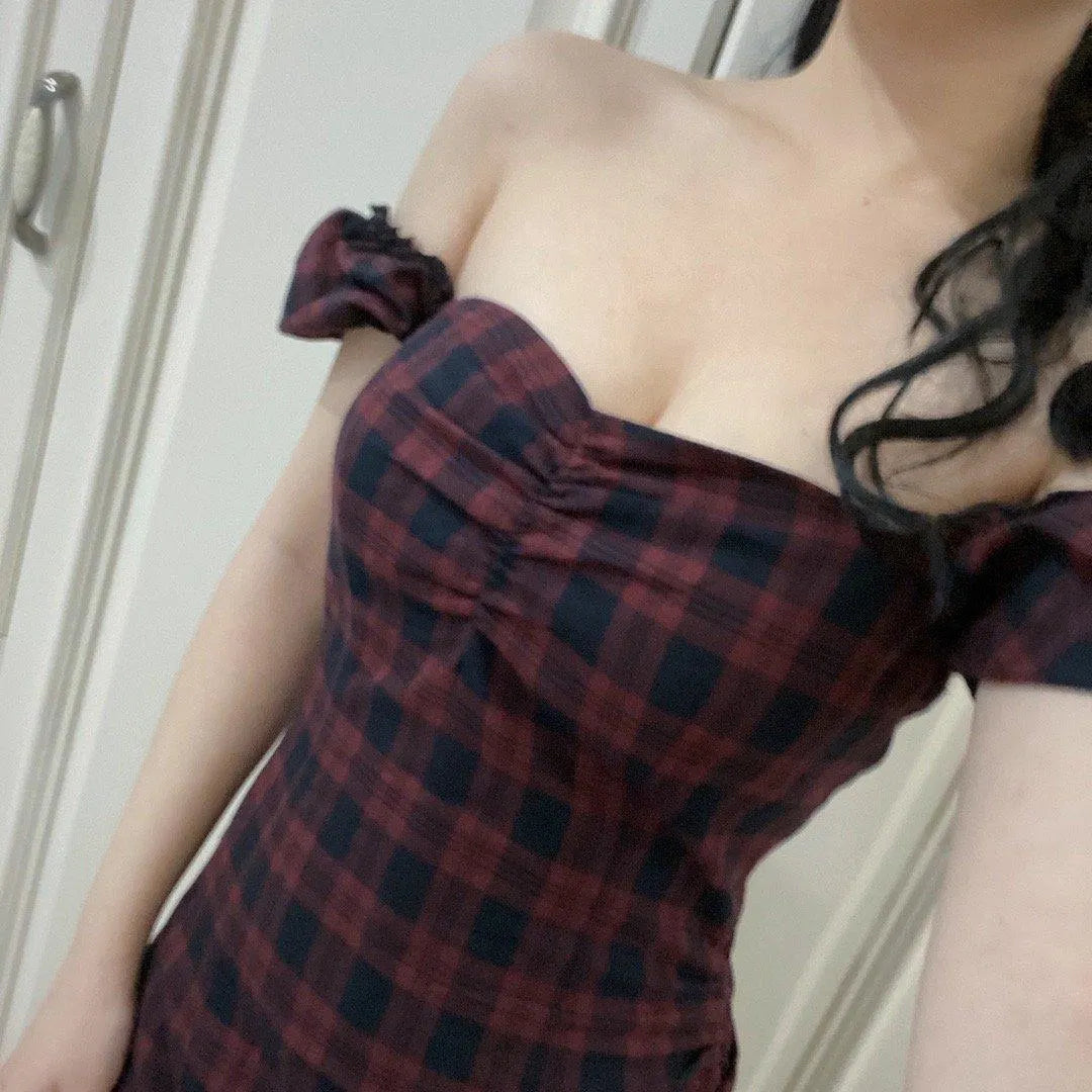 Dark Red and Black Plaid Hip Dress