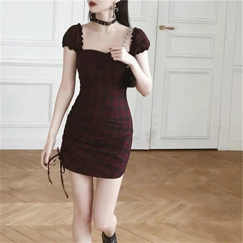 Dark Red and Black Plaid Hip Dress